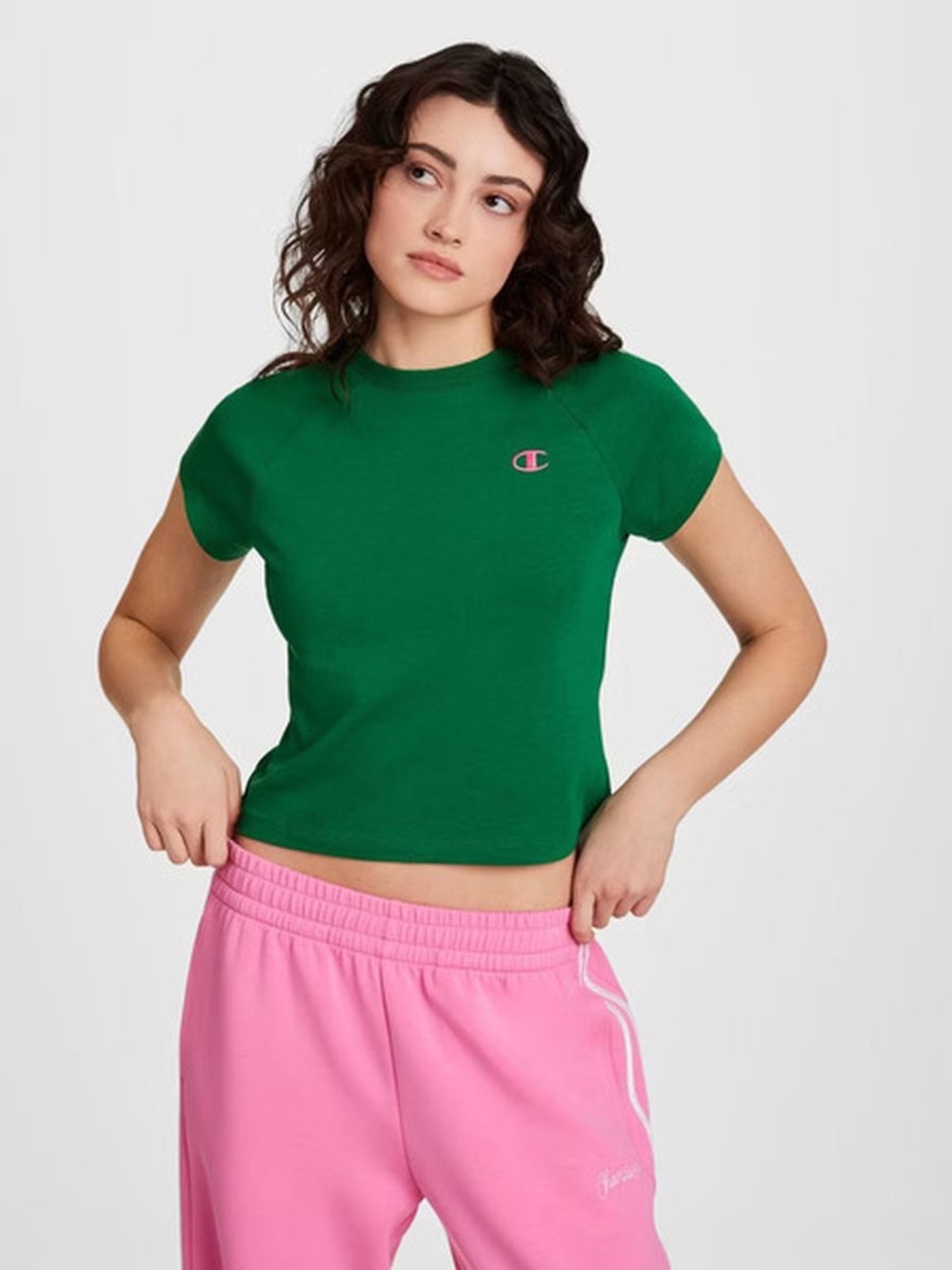 Champion Green Women's Cropped Tee with Pink Logo
